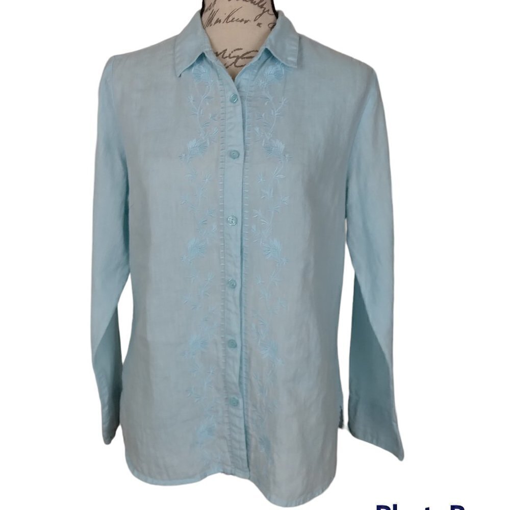 LL Bean | Linen Embroidered Blue Aqua Shirt Top Blouse | Size M